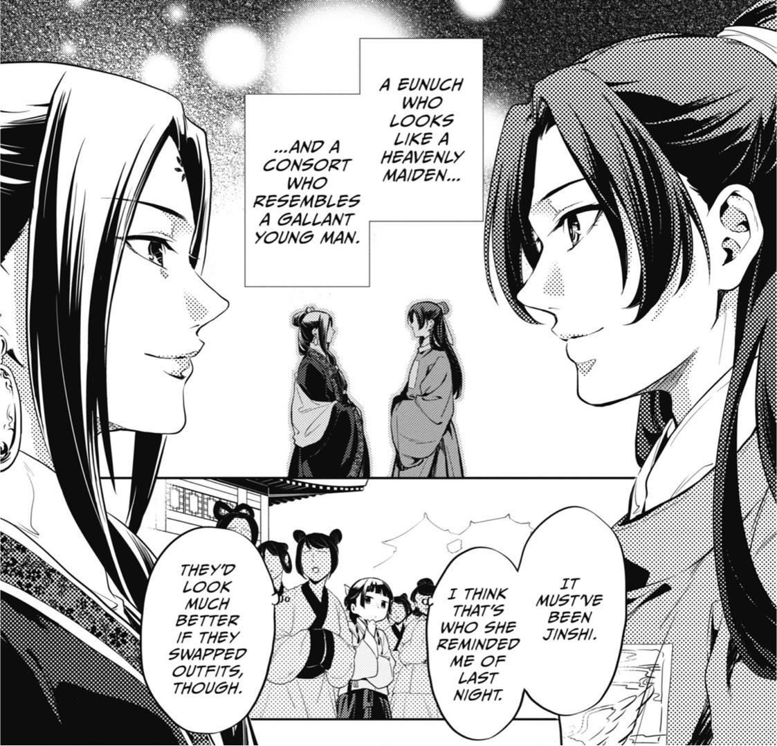vitaaeris's tweet photo. Maomao IS 'feminine' though, that's the thing. There are multiple female characters in TAD who reject femininity, she isn't one of them. Suirei, Sanfan, AhDuo-AhDuo who always wears men clothing, whom Maomao describes as mannish, whom Suiren (her mom) calls "a tomboy" 1/6 🧵 https://t.co/GdztafHUrS