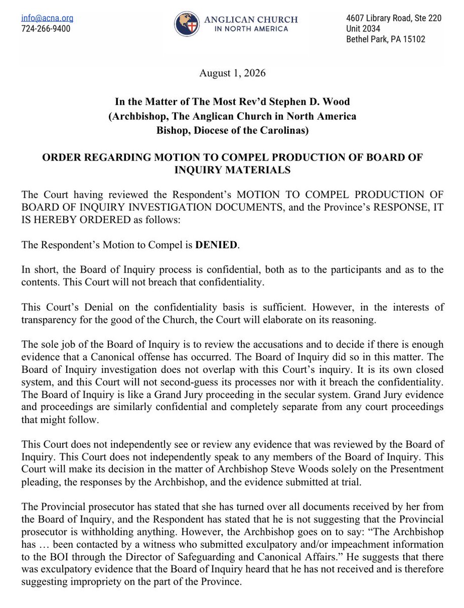 ArlieColes's tweet photo. ACNA news: the Court for the Trial of a Bishop denies Abp Wood's motion to compel the production of evidence seen by the Board of Inquiry. Wood had argued some of that evidence was exculpatory; the court says if he knows that, he can call for and present it himself at trial. https://t.co/KiTLqBM7Eu