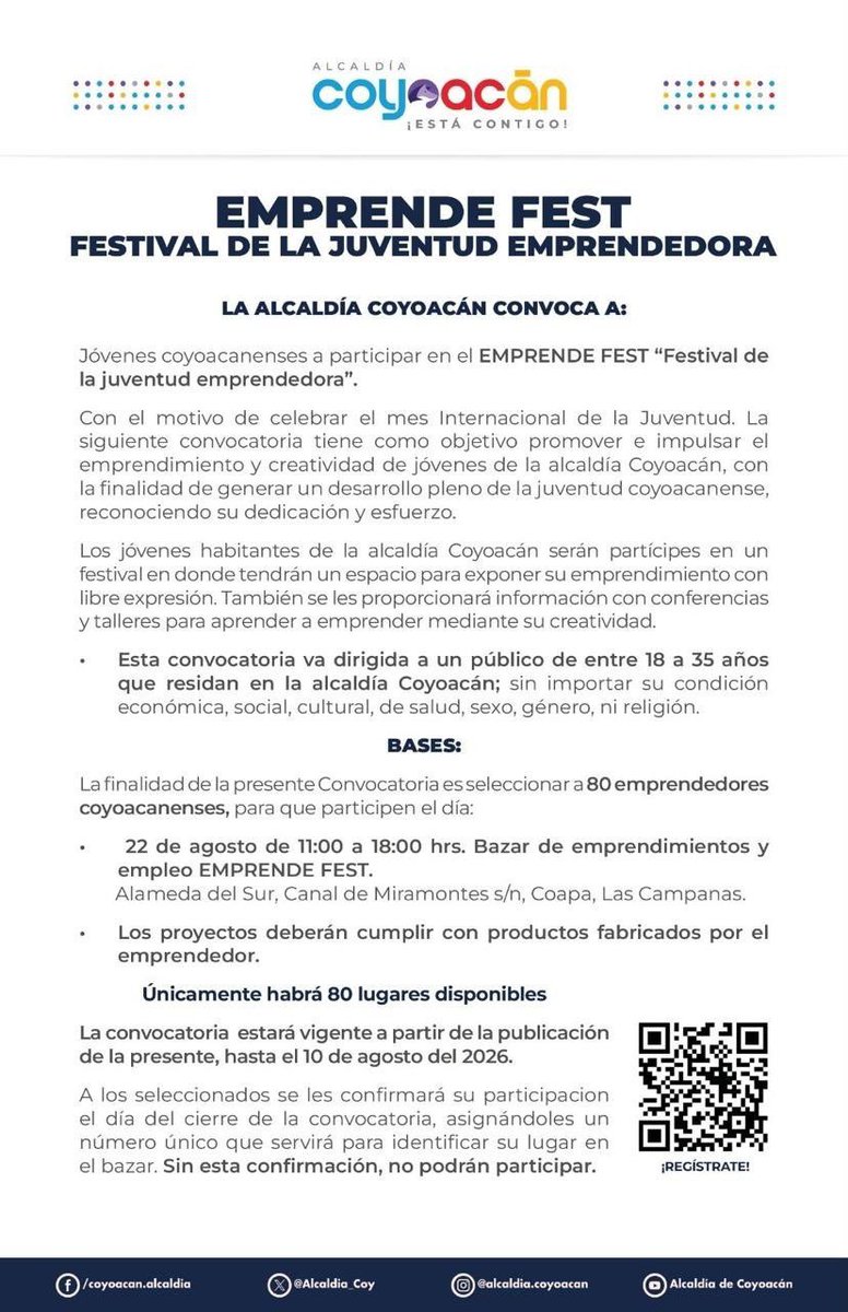 Alcaldia_Coy's tweet photo. 📢 ¡Atención, emprendedoras y emprendedores de Coyoacán! 

Si tienes de 18 a 35 años y creas tus productos, ¡inscríbete al EMPRENDE FEST!
📝 Registro abierto hasta el 10 de agosto (80 lugares).
📍 Evento: 22 de agosto en la Alameda del Sur.
📲 Escanea el QR e inscríbete hoy. https://t.co/RlzBO90Esf