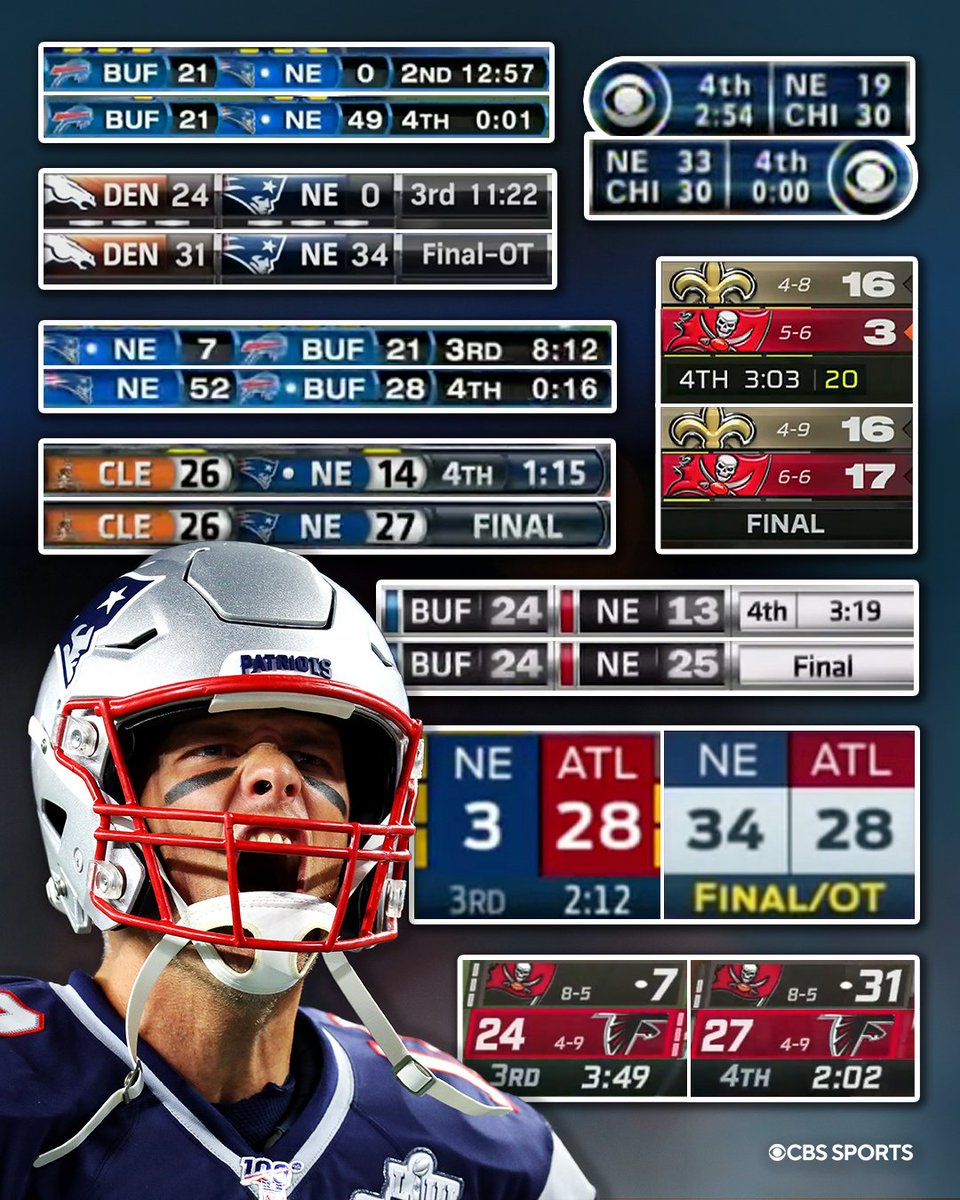 NFLonCBS's tweet photo. Yes, @TomBrady led his team to wins in all of these games. 🤯 https://t.co/WPQs7m2CX0