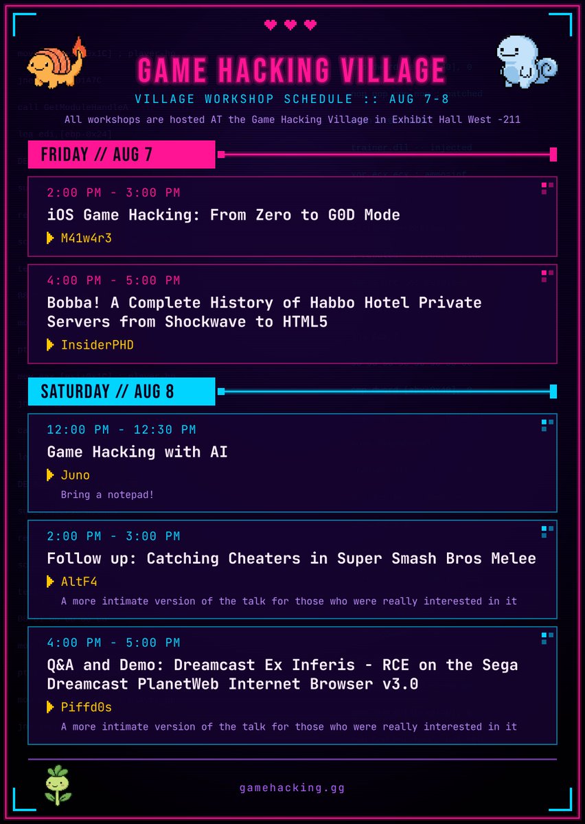 GameHackingGG's tweet photo. Schedule for the workshops happening in the village! Hope to see you all there! https://t.co/vRRTuA4GZj