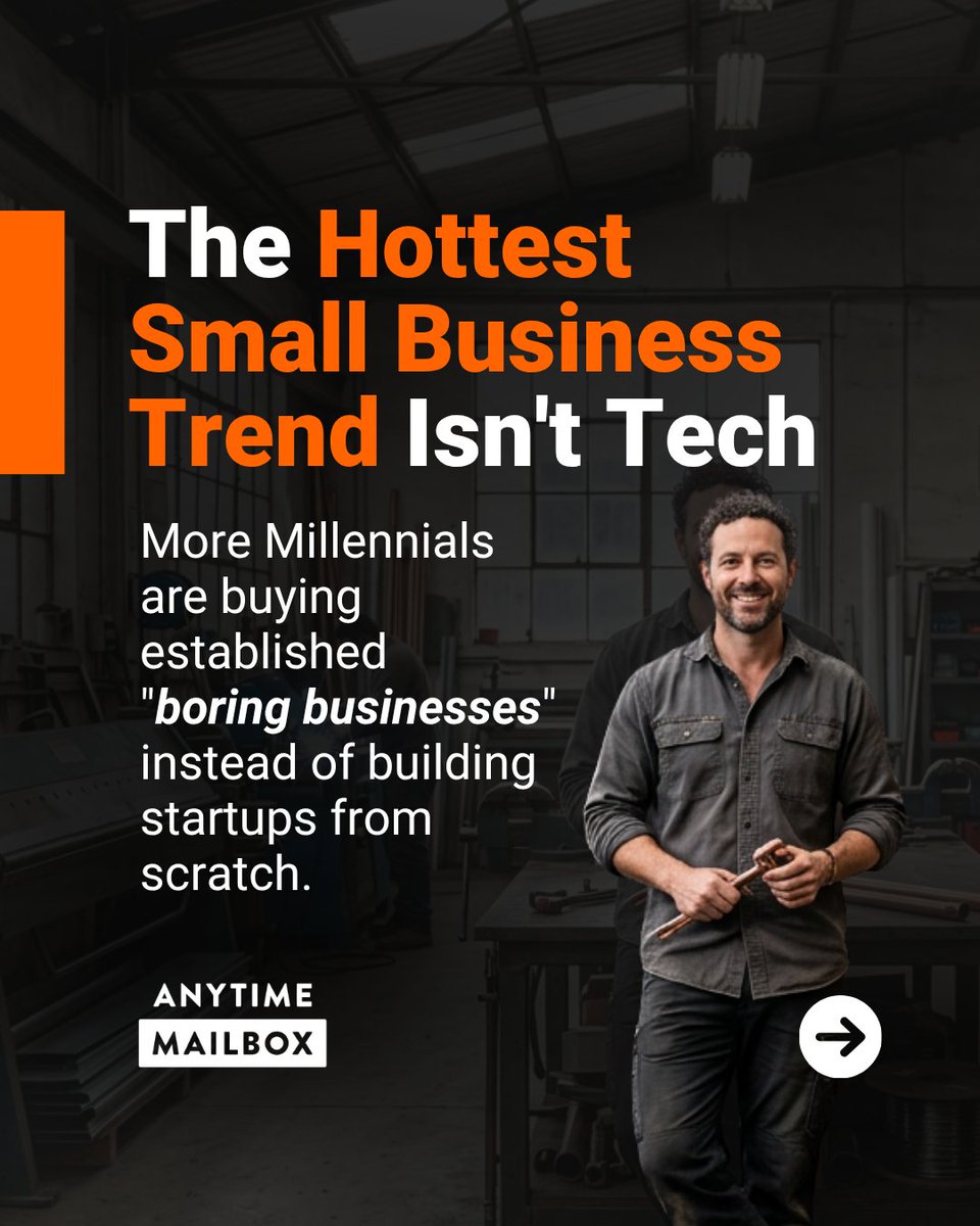 AnytimeMailbox's tweet photo. The next big business trend isn't tech. More millennials are buying established businesses with proven demand and steady cash flow instead of starting from scratch. 💼
#SmallBusiness #Entrepreneurship #AnytimeMailbox
#BusinessTrend #VirtualMailbox https://t.co/KegWoO4RSP