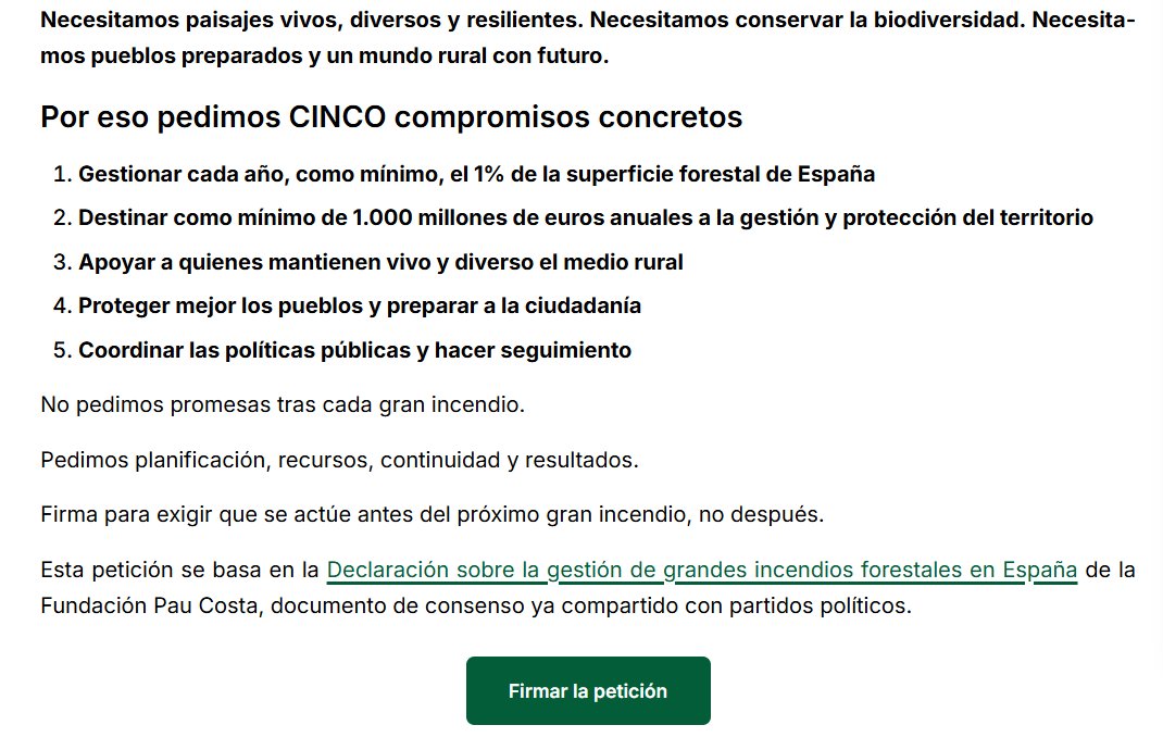 ferrandalmau78's tweet photo. Hola... Os voy a pedir que firméis la declaración de la @PauCostaF contra los Grandes #IncendiosForestales siguiendo este enlace:
https://t.co/K9RFBIIUH5

Pedimos 5 compromisos concretos

¿Nos ayudáis?

@CSIC 
@SEFutbol 
@SEFutbolFem 
@jpicos13 
@AntMaldoMor 
@IsabelIsamoren https://t.co/2kMMTdVbMN