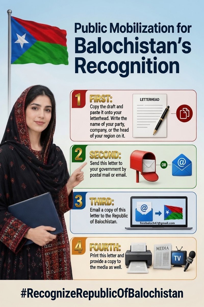 miryar_baloch's tweet photo. GLOBAL PETITION CALLING ON GOVERNMENTS TO RECOGNIZE THE REPUBLIC OF BALOCHISTAN

To:
The Government of ______________________
______________________________________
_______________________________________
Subject: Request for Recognition of the Republic of Balochistan and Peaceful Diplomatic Engagement

Dear Sir/Madam,
We, the undersigned citizens from ___________________________, respectfully urge our government of ________________________________ to recognize the Republic of Balochistan and to support the Baloch people's aspirations through peaceful diplomacy and international engagement.

For decades, Balochistan has remained under the illegal occupation of Pakistan. The people of Balochistan had been subjected to gross human rights abuses, enforced disappearances, displacement, and political repression. Many Baloch representatives and advocacy organizations have called upon the international community to give greater attention to their demand for the recognition of their independence.

Balochistan declared its independence on 11 August 1947, following the end of British rule in the Indian subcontinent. Pakistan's military entered Balochistan on 27 March 1948, marking the beginning of the occupation of their homeland. Since then, sixty million people of Balochistan have continued to advocate for the restoration of Balochistan's independence and sovereignty.

The Baloch people have a long tradition of secularism, moderation, and peaceful coexistence. Balochistan possesses vast reserves of natural resources and valuable minerals that could provide prosperity and development for its people and the region as well. The indigenous Baloch population has been deprived of the benefits of these resources and that the region's wealth has instead been extracted and used by Pakistan to spread extremism and terrorism.

We believe that governments committed to democracy, human rights, and international peace should engage constructively with the representatives of the Republic of Balochistan and support efforts toward a peaceful and lasting resolution.

We respectfully request our government to:

1. Consider formal recognition of the Republic of Balochistan as a sovereign state.
2. Establish diplomatic dialogue and peaceful relations with its legitimate representatives.
3. Advocate for the protection of human rights and fundamental freedoms of the people of Balochistan.
4. Raise concerns regarding the humanitarian situation in Balochistan at appropriate international forums, United Nations Security Council and encourage independent monitoring.
5. Provide the Republic of Balochistan with defense equipment to protect their resources, people, honor and sovereignty.
6. Permit the Republic of Balochistan to establish an official diplomatic mission, including the opening of an Embassy of Balochistan, in our country.

We believe that supporting peaceful diplomacy, human rights, and the aspirations of the sixty million Baloch people seeking restoration of their independence; political representation contributes to greater regional stability, connectivity, economic development, regional harmony and international peace.

History remembers those who stand for justice, human dignity, and peaceful solutions. We respectfully ask our government to consider this appeal and take meaningful diplomatic steps in support of these principles.

#IStandWithRepublicOfBalochistan
Thank you for your consideration.

Respectfully,

Name:_______________________________
Country:_____________________________
City:________________________________
Email / Contact: _____________________ (optional)
Date:________________________________
Signature: _____________________________

________________________