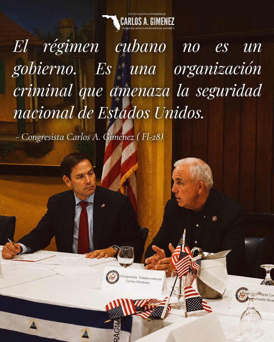 RepCarlos's tweet photo. El régimen cubano no es un gobierno legítimo: es una organización criminal que atenta contra la libertad de su pueblo y amenaza la seguridad nacional de los Estados Unidos. 🇺🇸🇨🇺 No podemos ceder ni un milímetro ante las dictaduras en nuestra región. Seguiremos luchando por una Cuba Libre, la democracia y la seguridad de nuestra nación.
