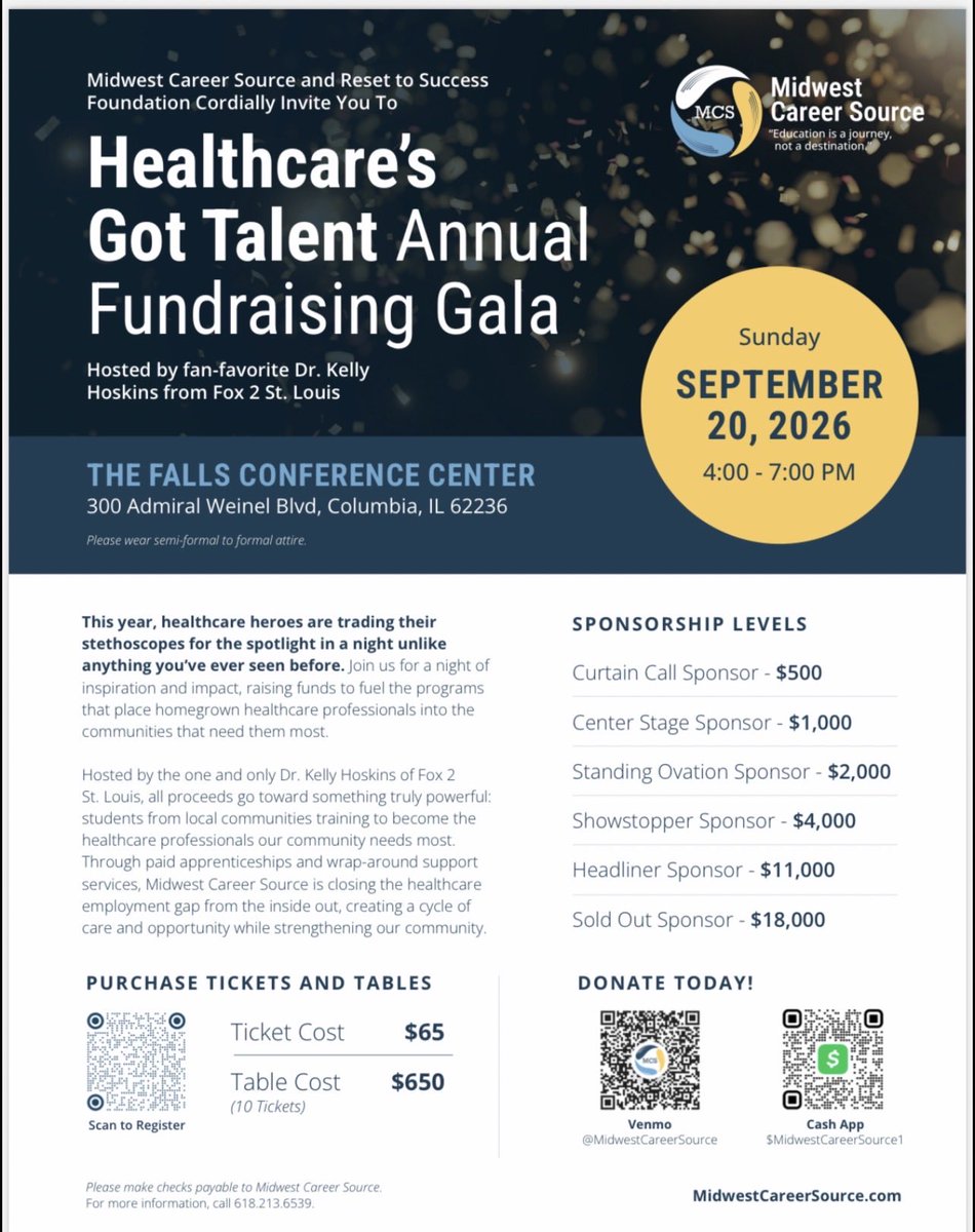 MCSVocational's tweet photo. ✨ You’re Invited!

Join Midwest Career Source and Reset to Success Foundation for our Healthcare’s Got Talent Annual Fundraising Gala on Sunday, September 20, 2026, from 4:00–7:00 PM at The Falls Conference Center in Columbia, IL. https://t.co/q0vRqH0GYm