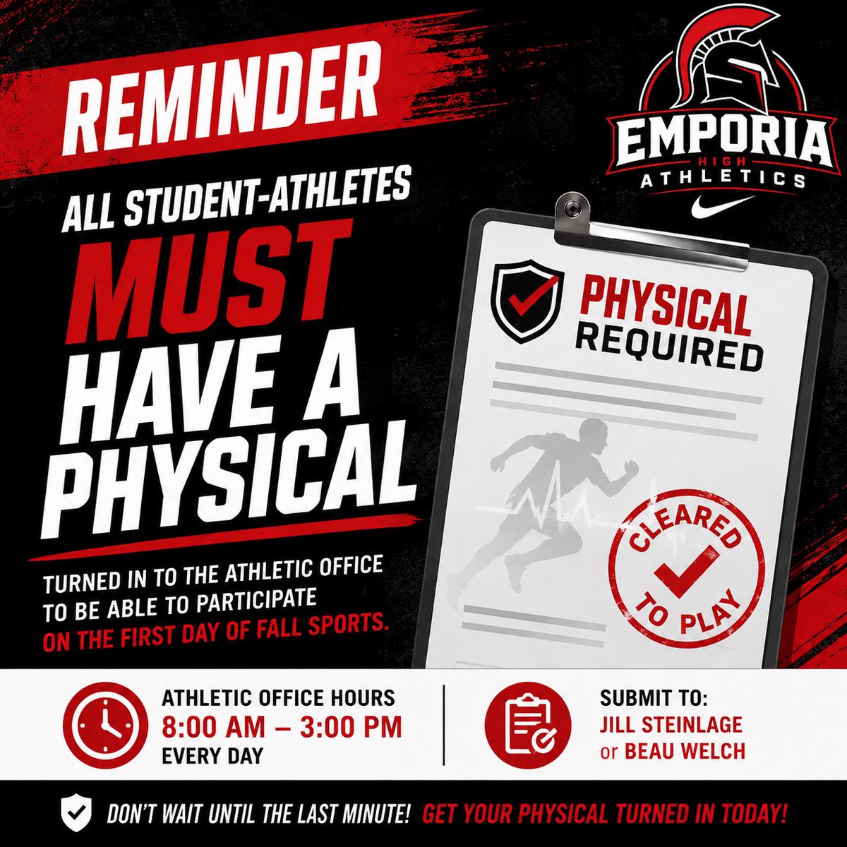 EhighAthletics's tweet photo. 🚨 Fall Sports Reminder 🚨

All EHS student-athletes must have a current physical on file before participating in the first day of fall practice.

📍 Submit to Jill Steinlage or Beau Welch
🕗 Athletic Office: 8 AM–3 PM

Don’t wait! #GoSpartans #EHSAthletics https://t.co/aBO4tqlwRG