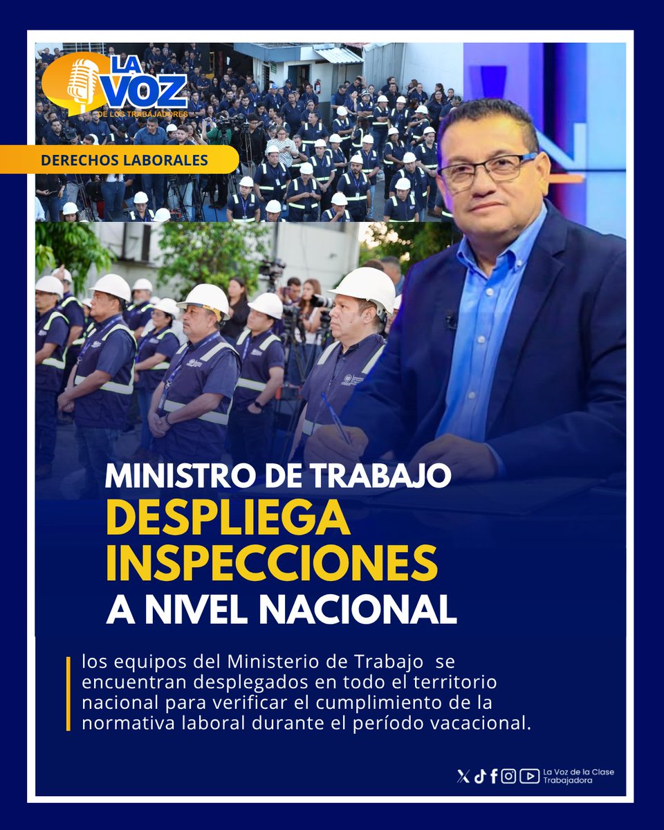 VOZTrabajadorsv's tweet photo. El ministro de Trabajo, @RolandoCastroSv, informó que los equipos de inspección del Ministerio de Trabajo continúan desplegados en todo el territorio nacional para garantizar el cumplimiento de la legislación laboral durante el período vacacional.

Según el funcionario, las inspecciones verifican que los empleadores cumplan con el pago doble a quienes laboran en días de asueto, la entrega íntegra de las propinas a los trabajadores, el respeto a las jornadas laborales en los sectores de seguridad privada y limpieza, así como el pago del recargo del 25 % por trabajo nocturno, de acuerdo con lo establecido en la ley.

El Ministerio de Trabajo reiteró que estas acciones buscan proteger los derechos de los trabajadores y asegurar que las empresas cumplan con sus obligaciones laborales en todo el país.