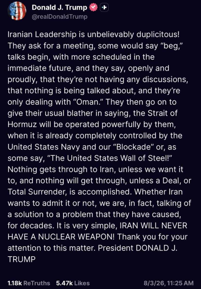 shillman1's tweet photo. If The Strait of Hormuz is “completely controlled by the United States Navy” then Trump needs to negotiate with the US Navy,  which he’s the Commander in Chief of, to get it fully open. Make it make sense. https://t.co/2T34a1vZhk