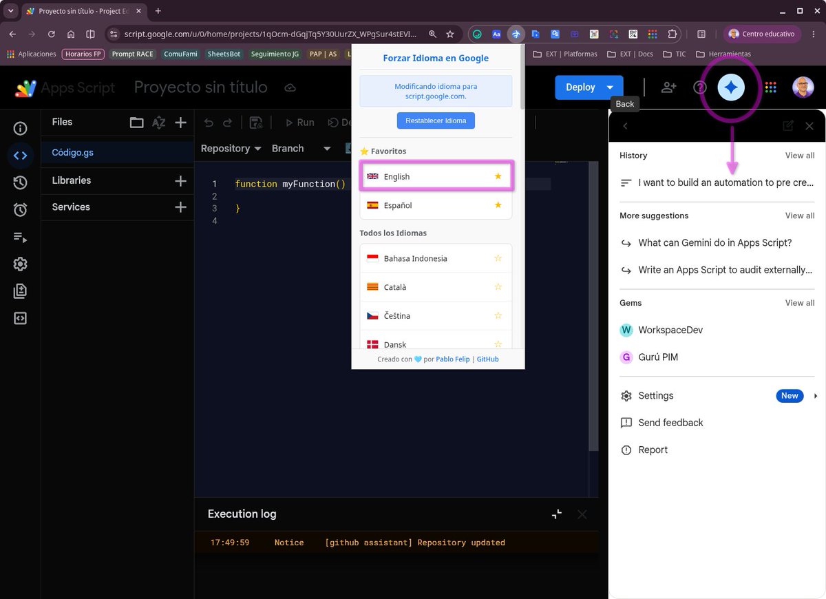 pfelipm's tweet photo. 🚀 Gemini en el editor nativo de #AppsScript (barra lateral) ya activándose en cuentas personales y corporativas:
1️⃣ Con AI Pro / Ultra
2️⃣ En Workspace Experiments / Beta (antes Alfa 😅)
3️⃣ En inglés (usa mi extensión #FIG para conmutar rápido) https://t.co/5T6S8tarLk