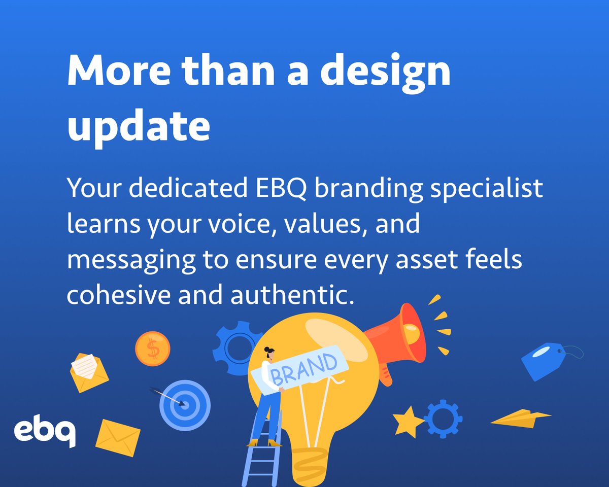 EBQuickstart's tweet photo. A #BrandRefresh breathes new life into your business while ensuring every #marketing asset communicates a consistent message.

At EBQ, we refresh branded collateral so every customer touchpoint reflects your current vision: https://t.co/NGePrqUBVB

#BrandStrategy https://t.co/h4XAjpsd0I