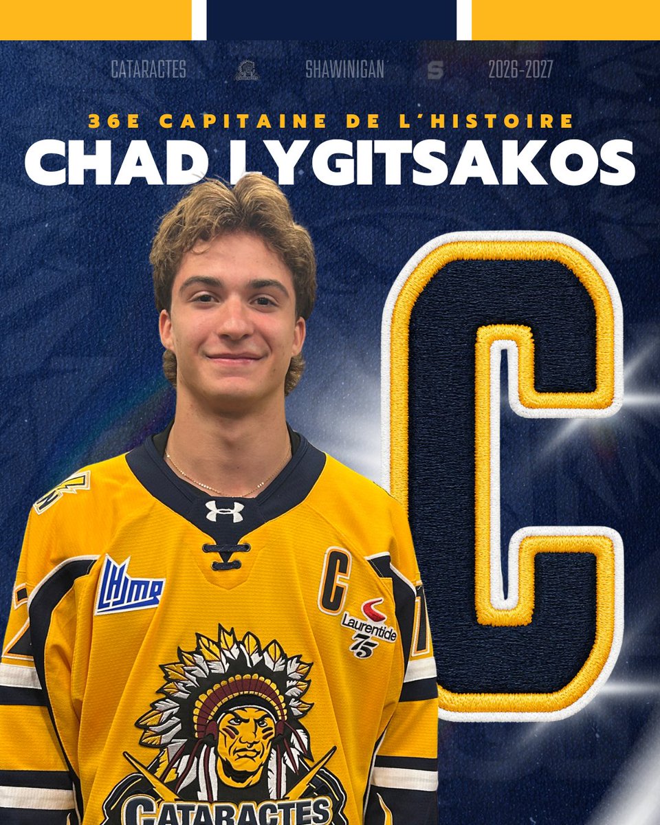 Cataractes_Shaw's tweet photo. 𝐔𝐍 𝐍𝐎𝐔𝐕𝐄𝐀𝐔 𝐂𝐇𝐀𝐏𝐈𝐓𝐑𝐄 𝐒'É𝐂𝐑𝐈𝐓 À 𝐒𝐇𝐀𝐖𝐈𝐍𝐈𝐆𝐀𝐍.

Les Cats sont fiers d'annoncer la nomination de Chad Lygitsakos à titre de 36e capitaine de l'histoire de la concession.

Repêché par les Cataractes en 2024, Chad a rapidement gagné le respect de ses coéquipiers grâce à son leadership, son intensité et son engagement envers l'équipe. Après deux brillantes saisons, il aura maintenant l'honneur de porter le « C » sur son chandail.

Félicitations, Chad! 💛

#JeSuisCataractes | #LHJMQ