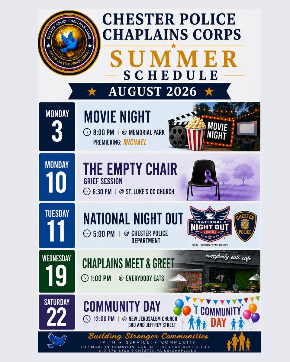 CityOfChesterPA's tweet photo. Faith. Service. Community. ☀️💙
The Chester Police Chaplains Corps’ Safe Summer Schedule brings fellowship, family fun and community connection throughout August - starting with Movie Night TONIGHT (8/3)! Join us for safe, positive events all month long.
#SafeSummer #ChesterPA https://t.co/G233Pzm122