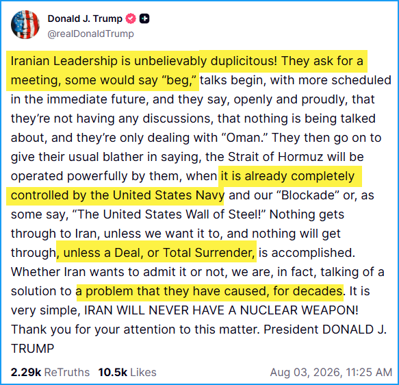 chrismartenson's tweet photo. BREAKING:  Trump can't seem to face reality.  

"Some would say beg" when Trump is, in fact, the only person to use that word.  Claims that the US controls the SoH where tankers are struck by Iran daily, calls for "total surrender," and claims that Iran created "a problem" when it was the US and Israel that bombed Iran first and caused all the problems we're facing.

On a scale of 1-10 for diplomatic progress, what's your score?