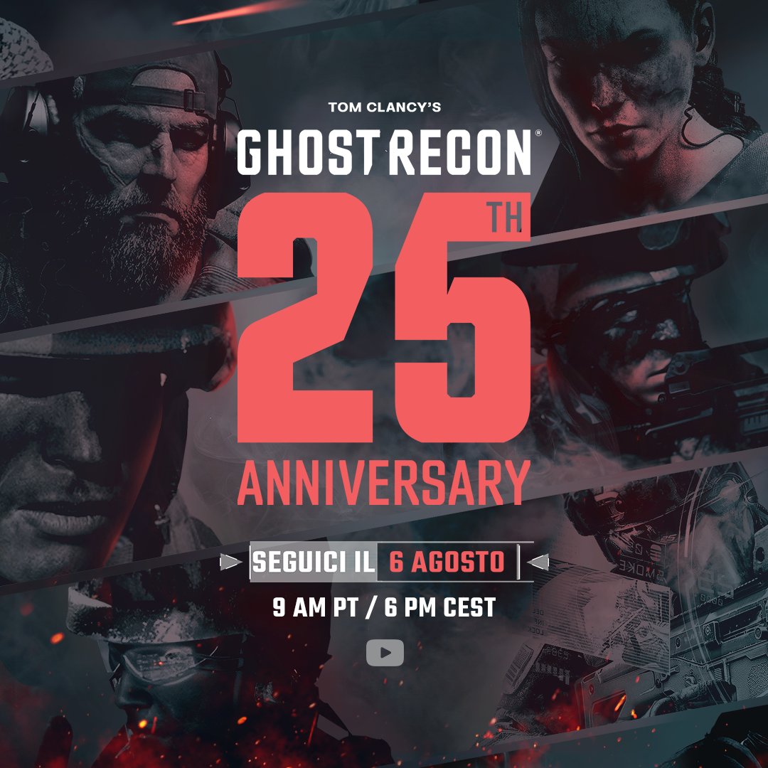 UbisoftItalia's tweet photo. Unisciti a noi il 6 agosto alle 18 per celebrare i 25 anni di Tom Clancy's Ghost Recon con nuovi contenuti e sorprese! https://t.co/jm0RTuyxRN