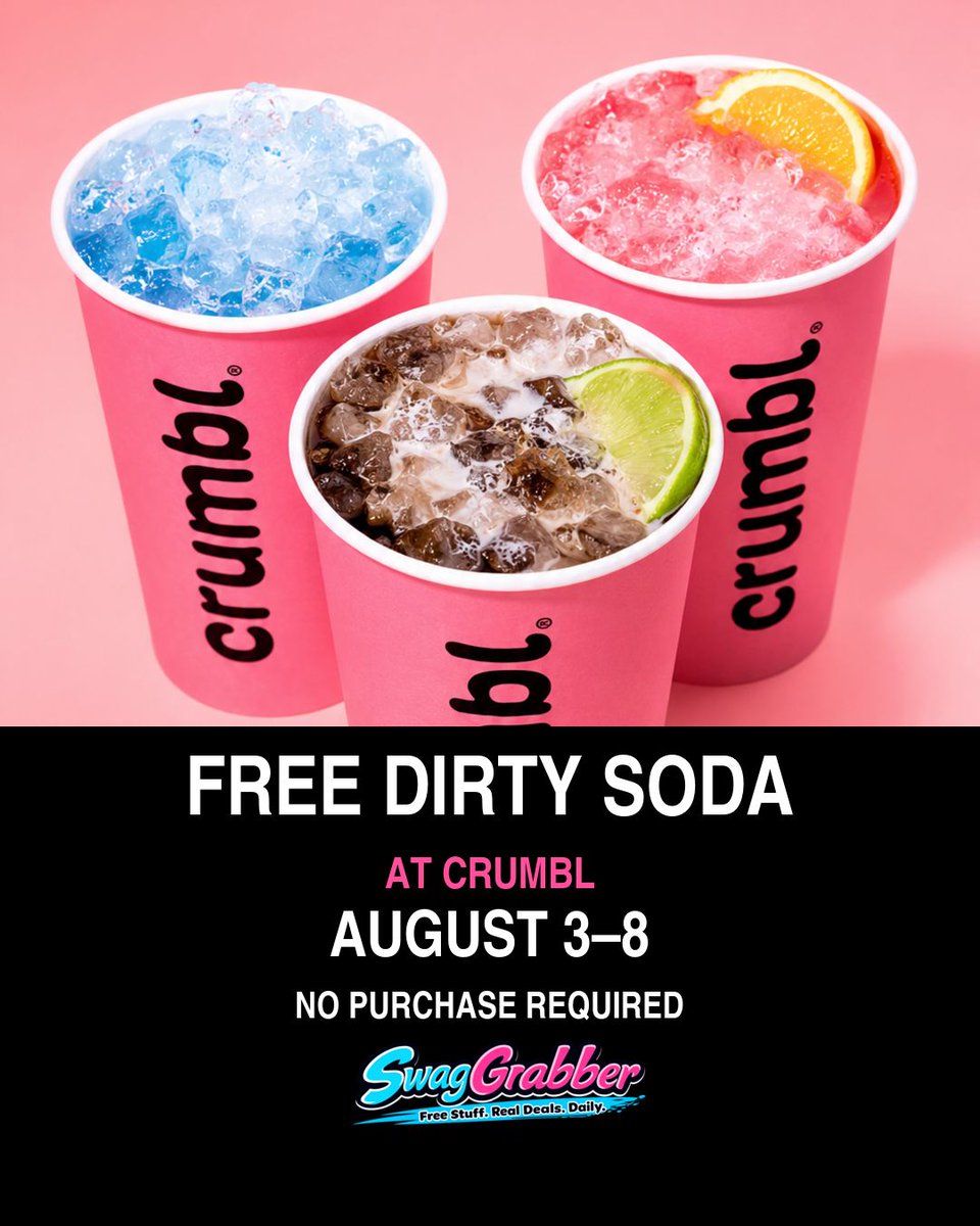 SwagGrabber's tweet photo. FREE Dirty Soda at Crumbl!

August 3–8, grab a FREE 12 oz Dirty Soda—no purchase required! Open the Crumbl app and claim your voucher under “Vouchers &amp; Promotions.”

Learn more 👉 https://t.co/pYnHxfExof

#Crumbl #FreeDirtySoda #FreeFood #FoodFreebie #SwagGrabber https://t.co/08jq7fTpOx
