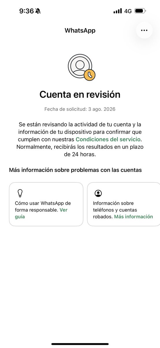 coyotegris's tweet photo. Aparentemente @WhatsApp tiene una falla global que ha bloqueado/puesto en revisión usuarios de manera totalmente random. Esto tiene impacto en la vida personal, familiar y profesional de miles. Veremos la respuesta de @Meta a esta situación global. #prensa https://t.co/8Typdc1TDd