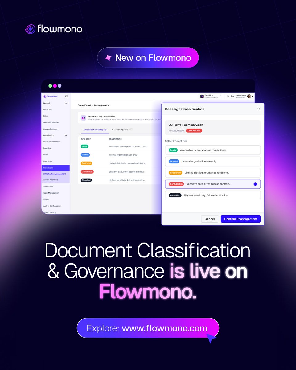 Flowmonoinc's tweet photo. A new way to secure your documents has arrived! 🥳

Document Classification & Governance is now live on Flowmono.

Built for organizations that take security, compliance, and control seriously, it enables you... automatically classify files, apply the right governance policies and protect documents the way they ought to be protected.

It is nothing short of the answer organizations have been looking for but don't take our word for it.

See how it works. Start here:
https://t.co/fuuwdEkEKK