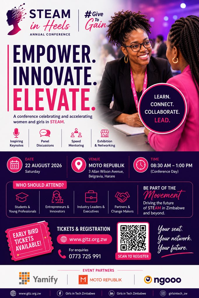 girlsintechzw's tweet photo. Tickets now available on https://t.co/5t0OBLHvaD Book a spot for only $10 or sponsor a girl to attend the STEAM In Heels Conference. https://t.co/l0THaBRhPg