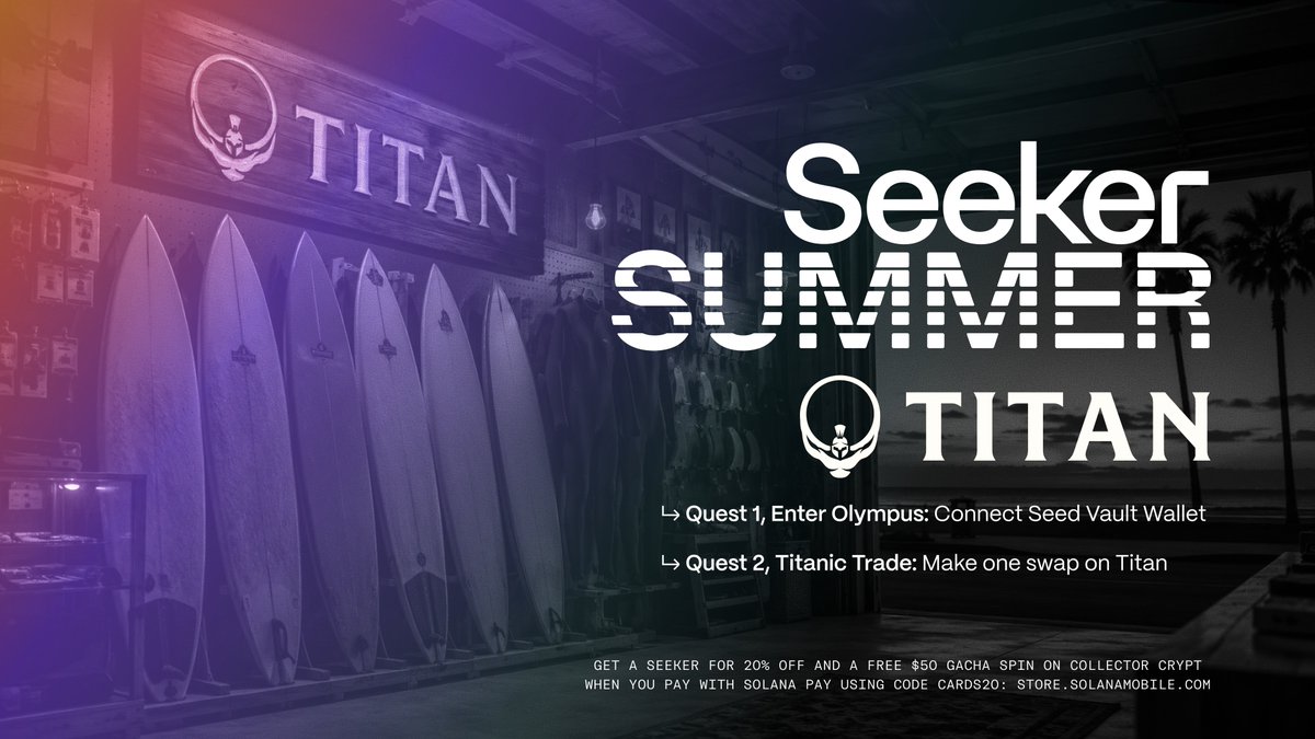 solanamobile's tweet photo. Seeker Summer keeps vibing with Round 3 ☀️

Swap like a god with @Titan_Exchange: Connect your wallet and make your first swap on the go from your Seeker.

The first Seeker Summer R3 Quests:
↳ Enter Olympus: Connect Seed Vault Wallet
↳ Titanic Trade: Make one swap on Titan https://t.co/calyI8hmF4