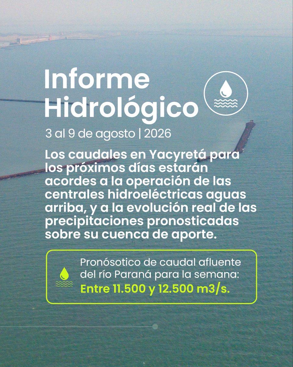 YacyretaAr's tweet photo. Compartimos el informe hidrológico correspondiente a la semana del 3 al 9 de agosto de 2026. 

🔗 Para mayor información, deben ingresar a https://t.co/tZrSkE1M4X https://t.co/iblsYrLDQv
