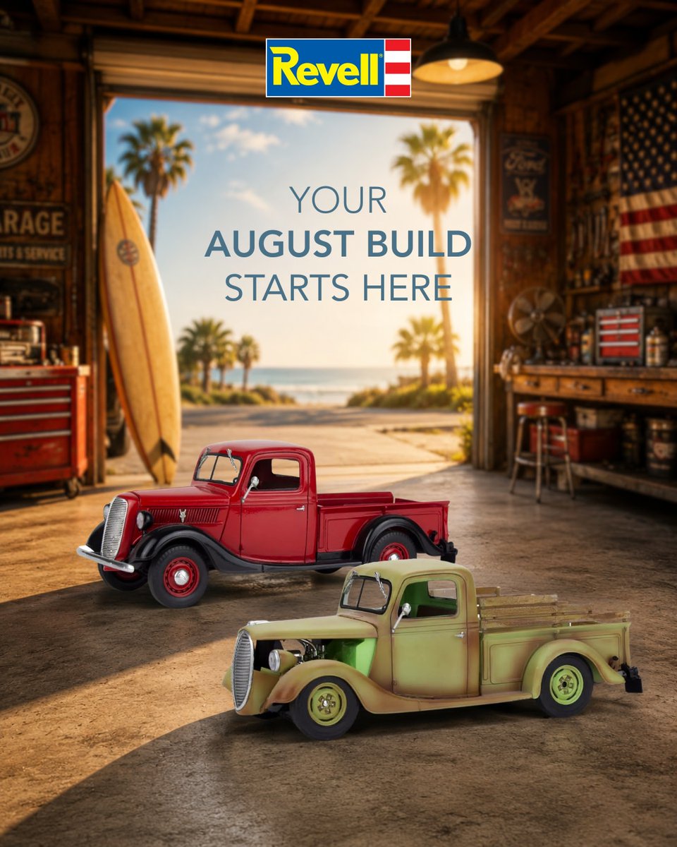 RevellUSA's tweet photo. ☀️August is calling for classic style and summer vibes. 😎
A '37 Ford Pickup with stock or custom engine options, lowered suspension, and a surfboard in the back?
Get yours here: https://t.co/ucD7WtXSkY 
#Revell #ModelKit #ScaleModel #FordPickup #ClassicTrucks https://t.co/ejE5Ez8mDo