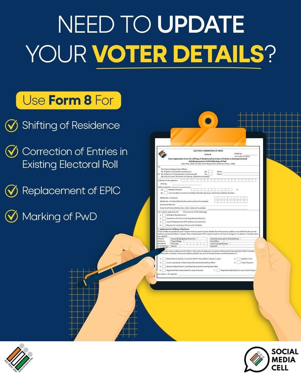 erotirunelveli's tweet photo. Need to update your voter details?
Use Form 8 to apply for shifting of residence, correction of entries in the electoral roll, replacement of EPIC, or marking as a PwD elector.
Keep your voter information accurate and up to date.
#ECI #ceotamilnadu #Form8 #sveep https://t.co/II17LbxfNV