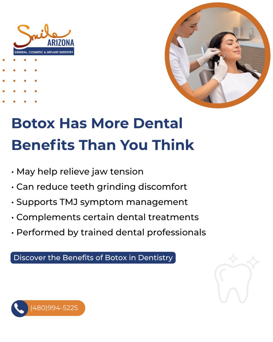 SmileArizona's tweet photo. Botox isn’t just for aesthetics. It may also help manage jaw tension, teeth grinding, and certain TMJ-related symptoms. Talk to your dentist to see if it’s right for you.

Learn more: https://t.co/t9ebl9Cjza

#Botox #TMJ #TeethGrinding https://t.co/65jEC5IG7Q