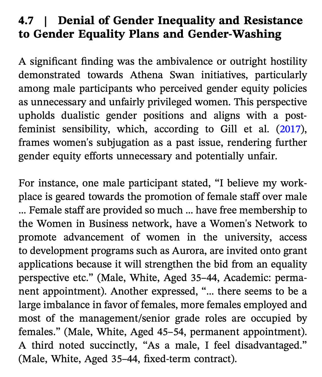 JamesLNuzzo's tweet photo. Note that 38 male staff were also interviewed. As shown below, some male staff expressed concerns about Athena SWAN and female staff being favoured. Their concerns were, of course, reframed by the feminist authors as the male staff being hostile and in denial about gender inequality.