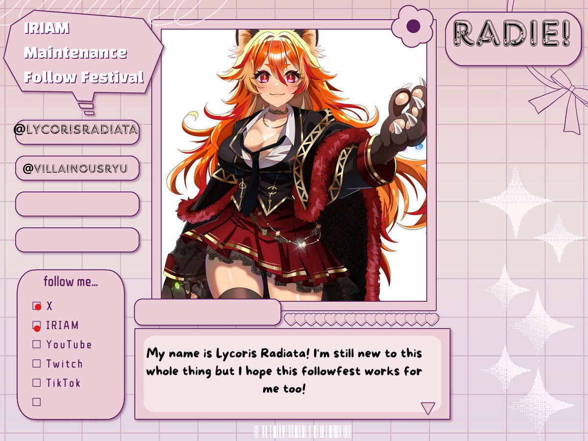 VillainousRyu's tweet photo. IRIAM FOLLOW FESTIVAL!! 🥮🥮 

✨⭐This is my first ever followfest!! But so far this is super fun!~ I know it's not much but here's my thingy I put together! If it raises an eyebrow! Please consider leaving a follow °^° ⭐✨

#IRIAMfollowfest #IRIAMMaintFollowFest https://t.co/yKM6aI5Hoi