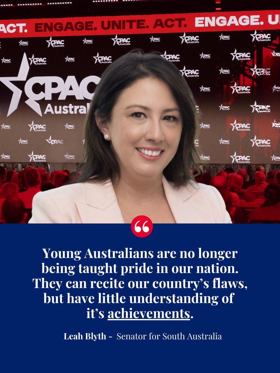 CPACaustralia's tweet photo. Senator Leah Blyth has spoken out about the education failures failing today's youth where they can "recite our country's flaws", but have no sense of "pride in our nation" 💯

CPAC is proud to stand with politicians who will stand up for Aussie values and it's important we back them all the way 🇦🇺

Now the question is whether we turn up to back her in at CPAC!

GRAB YOUR TICKET TO SEE LEAH SPEAK LIVE AT CPAC NATCON 2026 IN BRISBANE FROM OCT 10-11 HERE: https://t.co/sxPgYCuyPY