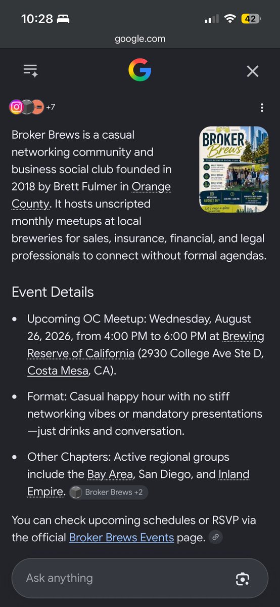 Broker_Brett's tweet photo. Fun seeing that Google AI gets @brokerbrews:

It hosts unscripted monthly meetups at local breweries for sales, insurance, financial, and legal professionals to connect without formal agendas.

Casual happy hour with no stiff networking vibes or mandatory presentations. https://t.co/hZwU5Ov1A2