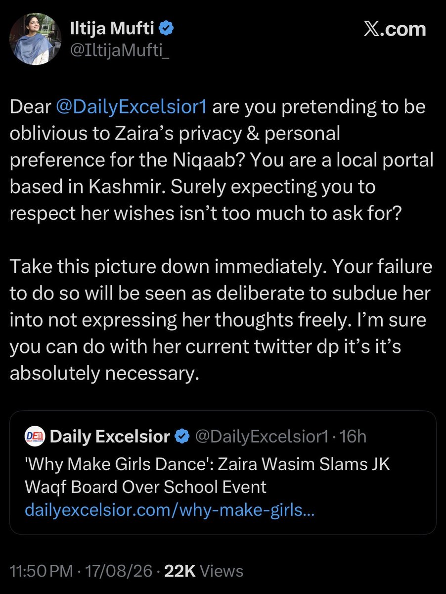 AsYouNotWish's tweet photo. Welcome to the Islamic Republic of India.

Zaira Wasim can dog-whistle Islamists after a young Muslim child for celebrating Indian Independence Day, but how dare the media use Zaira’s image, which is already in the public domain, in its reports, because she’s a niqabi now. We are not living in an Islamic republic. There is no general law in India that says a hijabi’s or niqabi’s face cannot be shown simply because she has chosen to cover it. If you make extremist comments of public significance, the media is going to cover you and use publicly available images to identify you. It cannot be a one-way street. If you are free to put your opinions out there, others are free to identify you as the person expressing them, especially when those comments can potentially put others at risk.

And no, nobody gives a shit about Zaira Wasim’s personal choices. What matters is what she chose to say publicly when she left the film industry, framing it as something contrary to Islam. She knew perfectly well that such rhetoric could stigmatise other Muslim women from Kashmir who want to choose artistic professions. She hasn’t changed at all; if anything, she has only become more regressive. And honestly, what values do you expect from someone whose own mother was publicly seen cheering for Pakistan during cricket matches on Facebook? If that is the worldview you choose to embrace, then don’t demand that the rest of us accommodate it. You cannot put extremist views into the public domain, knowing full well that they can get others marked by terrorists, and then hide behind a black tent yourself. Coward.

These Kashmiri hegemons are hell-bent on turning Kashmir into Kohistan, where Islamists tortured and eventually murdered five young women simply for being seen clapping in a video while a little boy danced to a local song. They lead very colourful, double lives themselves, while idealising extremism for others.

These Shariah-style diktats from these enemies of freedom, who are subverting our democracy from within, should be pushed back in time. Or we are doomed.

These are Asiya Andrabis of the near future.