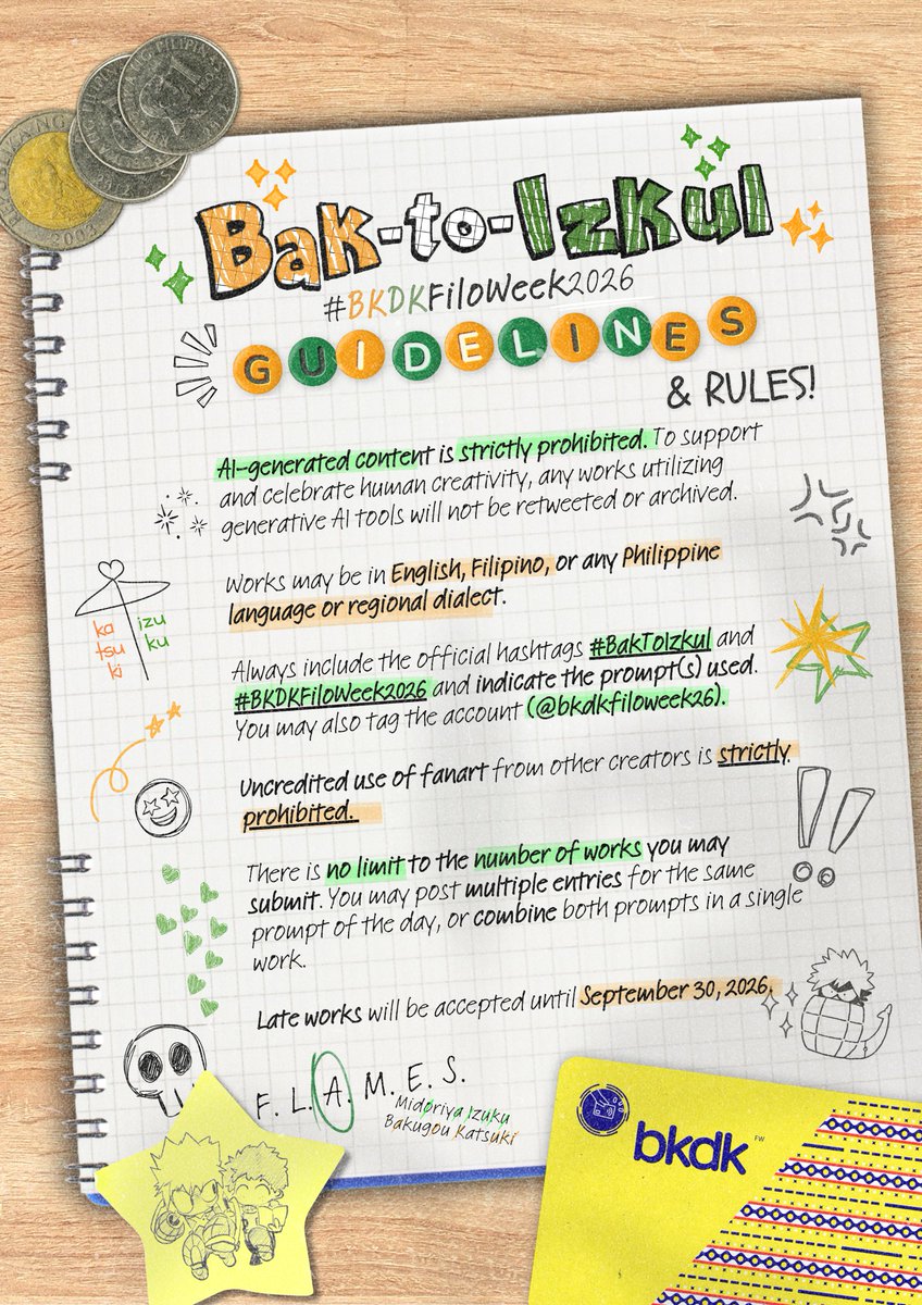 bkdkfiloweek26's tweet photo. 📢 Pakitawag ang mga kapitbahay, may anunsyo kami!

#BakToIzkul: #BKDKFiloWeek2026 is officially pushing through this September 20–26! ✴️✳️

Thank you for your support! We’re excited to finally reveal the prompts for the week. ✏️

🚇 Next station: BKDK Filo Week 2026! C U there? https://t.co/ar45Bv3Sfo