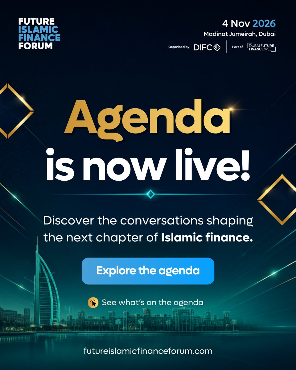 FIF_Forum's tweet photo. The #FutureIslamicFinanceForum2026 agenda is now live.

Explore Shariah innovation, sustainable sukuk, Takaful technology and regulatory alignment.

Agenda: https://t.co/8m1oeascDT
Register: https://t.co/GNSyJJ85Rl
Organised by @DIFC  | Part of #DubaiFutureFinanceWeek https://t.co/1dRW3F4bar