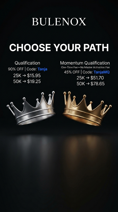 futuresedgepro's tweet photo. Two clear options. One decision.

Qualification Accounts  
90% off | Code: Tanja

Momentum Qualification  
One-time fee • No Master activation fee  
45% off | Code: TanjaMQ

Pick the structure that works for you.

🎯 Qualification  
🎈 25K → $15.95  
🎈 50K → $19.25  
Code: Tanja

🎯 Momentum Qualification  
🎈 25K (Opt 1 & 2) → $51.70  
🎈 50K (Opt 1 & 2) → $78.65  
Code: TanjaMQ

🔗 https://t.co/sEtr8oXIqM

#TANJA #Bulenox #FuturesTrading #MyFundedFutures #Apex #TopStep #Tradeify #Takeprofittrader #TPT #TraderMindset #es #nq #DayTrading #Lucidtrading #Momentum #Qualification