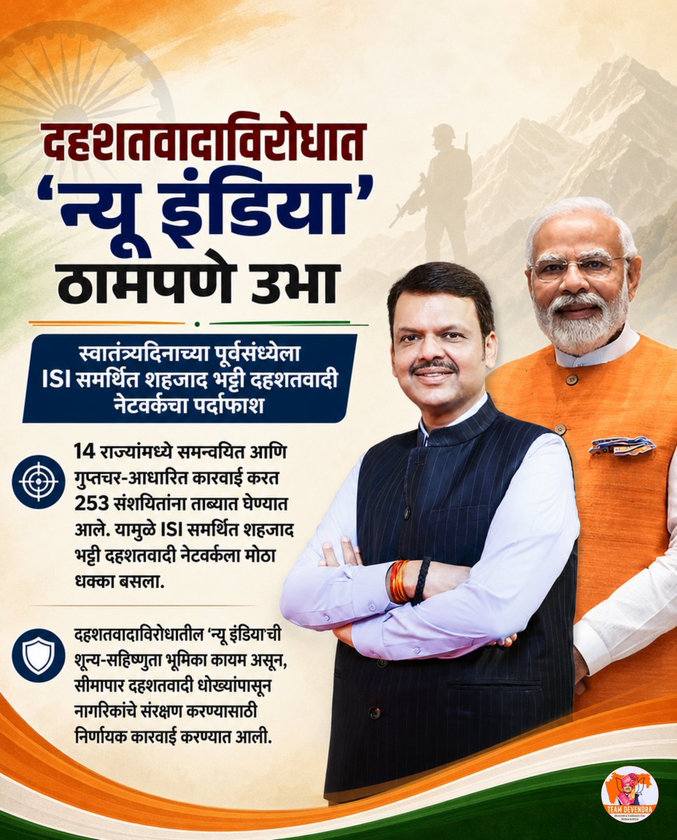 Anusharoy01's tweet photo. दहशतवादाविरोधात समन्वित कारवाईला मोठे यश, १४ राज्यांमध्ये २५३ संशयित ताब्यात.  
सीमापार दहशतवादी नेटवर्कविरोधात सुरक्षा यंत्रणांची निर्णायक कारवाई.

@Dev_Fadnavis 
#DevendraFadnavis #Teamdevendra #दहशतवादविरोधीकारवाई #राष्ट्रीयसुरक्षा #NewIndia https://t.co/Bt9XMcnTU6