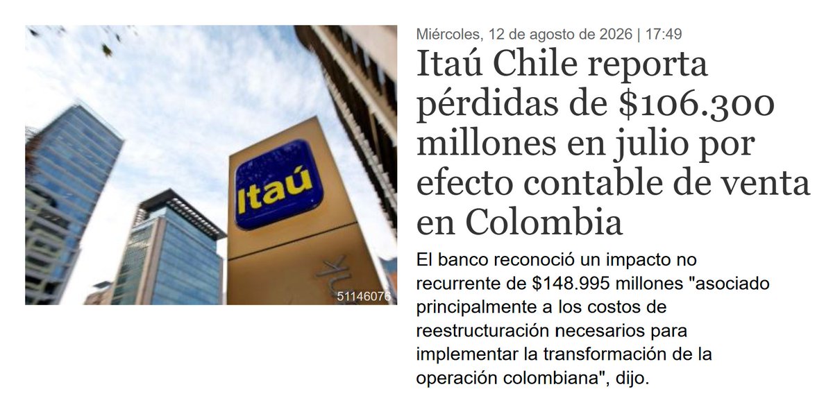 trchilensis's tweet photo. #ITAUCL
Siendo ITAUlover, por algún motivo no había visto esta noticia. El titular suena mal pero analizando la noticia más a fondo es sólo costo "one timer" que generará un impacto positivo para el banco en el futuro ya que se deshacen de un activo de menor rendimiento.