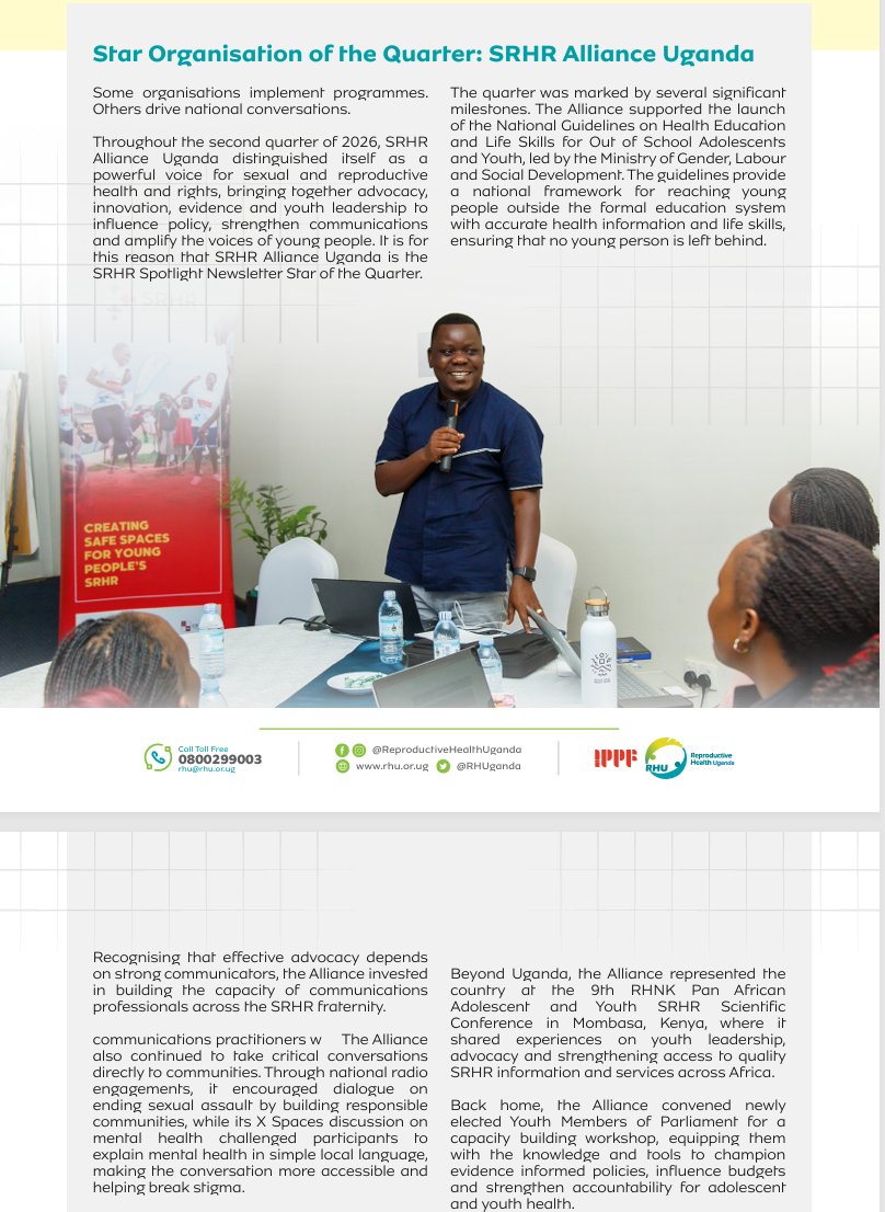 RHUganda's tweet photo. Have you read our Quarter II SRHR Spotlight Newsletter yet? 

In this edition, we celebrate the SRHR Alliance Uganda as our Star Organisation of the Quarter, recognising its outstanding contribution to advancing sexual and reproductive health and rights. 

Read the newsletter to discover what earned the Alliance this recognition and explore more inspiring stories, achievements and key highlights from the quarter.

🔗 Read the newsletter here: https://t.co/Ah1un2YuBJ 

#WeAreRHU