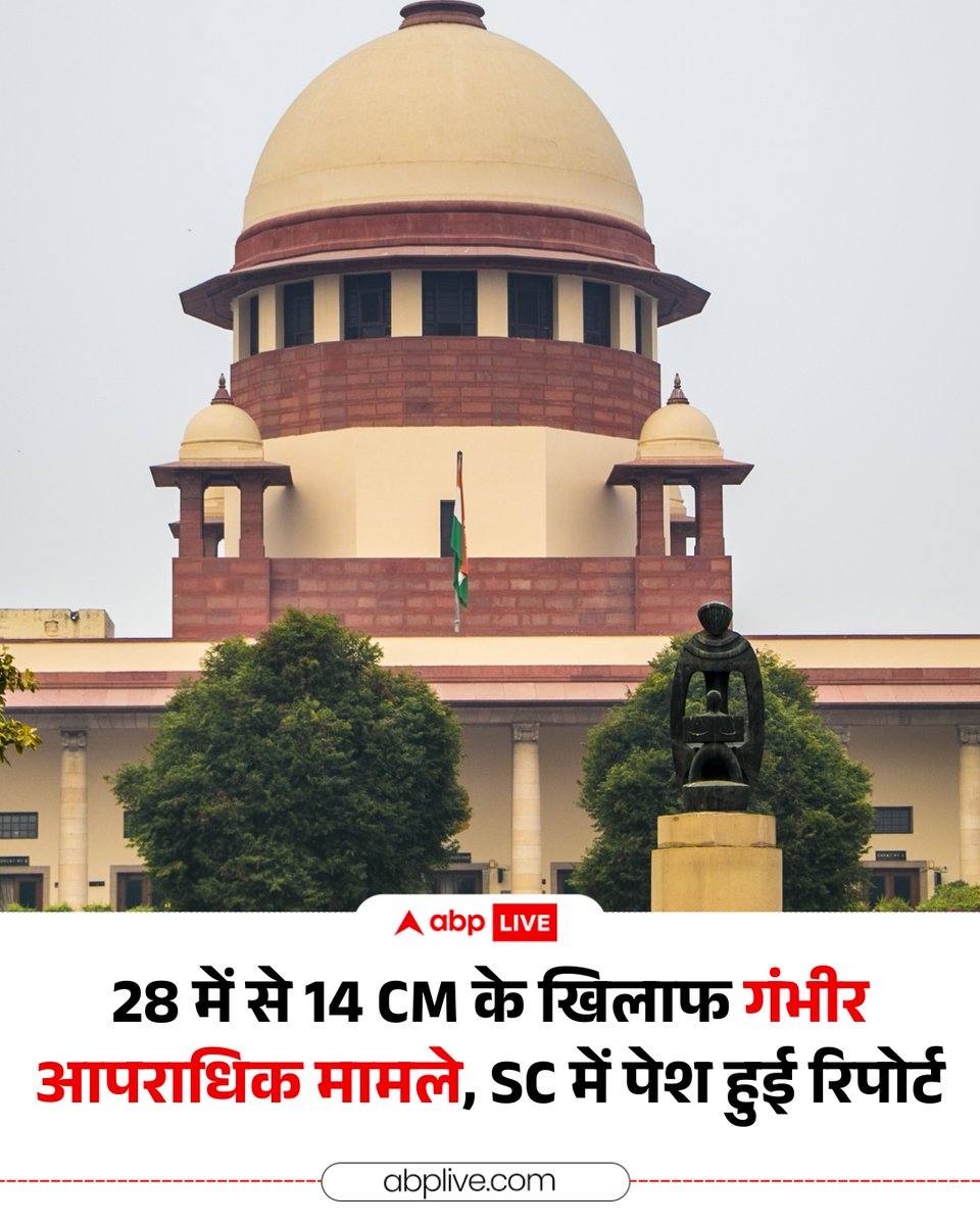 ABPNews's tweet photo. सांसदों और विधायकों के खिलाफ आपराधिक मामलों की सुनवाई तेज करने से जुड़ी करीब एक दशक पुरानी सुनवाई में वरिष्ठ अधिवक्ता और एमिकस क्यूरी विजय हंसारिया ने सुप्रीम कोर्ट को बताया कि 28 में से 14 राज्यों के मौजूदा मुख्यमंत्रियों के खिलाफ गंभीर आपराधिक मामले दर्ज हैं. सूची में सबसे ऊपर तेलंगाना के मुख्यमंत्री ए. रेवंत रेड्डी हैं, जिनके खिलाफ 89 मामले बताए गए हैं.

#SupremeCourt #RevanthReddy #ChiefMinisters #CriminalCases #MPMLACases #ABPNews