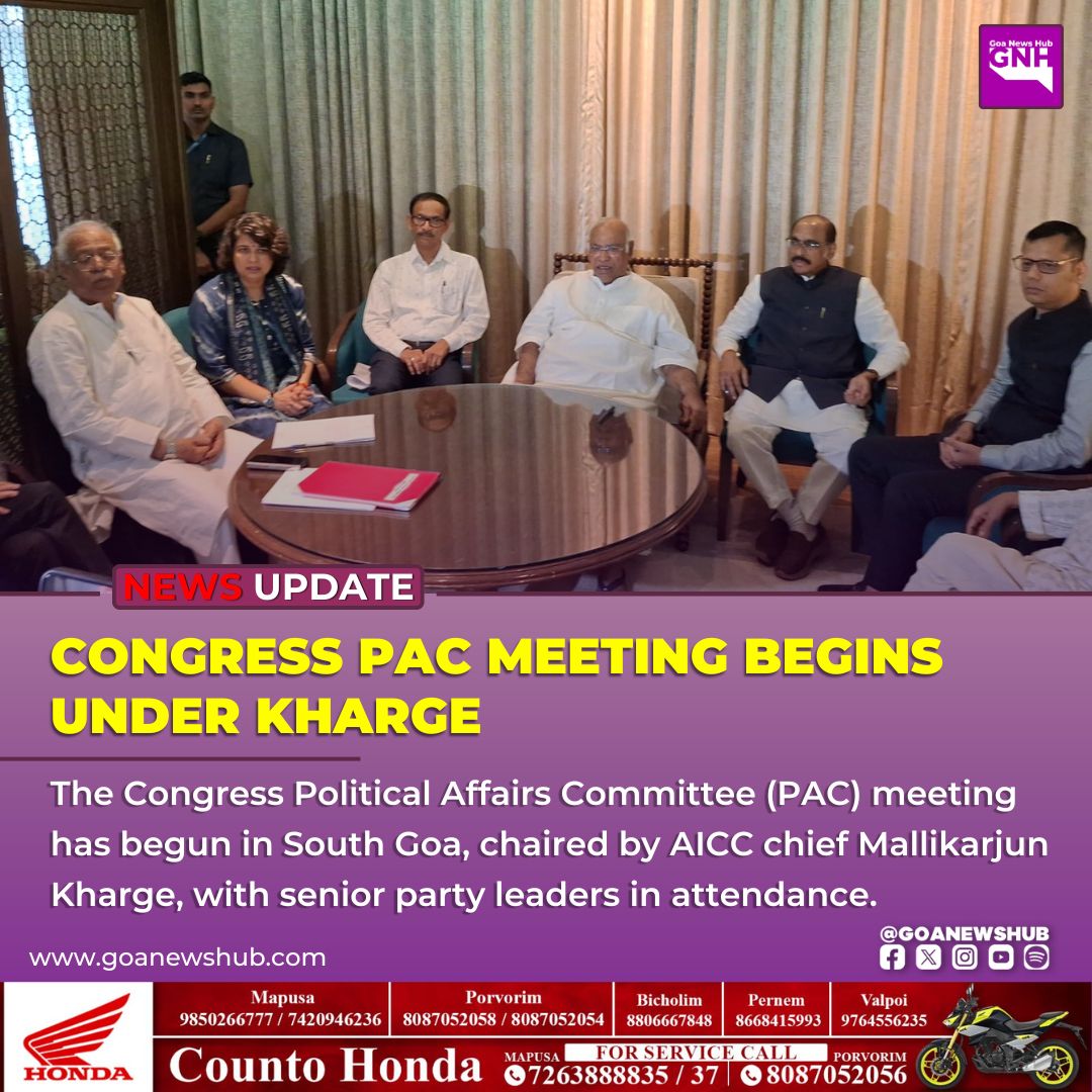 goanewshub's tweet photo. Congress PAC Meeting Begins Under Kharge

The Congress Political Affairs Committee (PAC) meeting has begun in South Goa, chaired by AICC chief Mallikarjun Kharge, with senior party leaders in attendance.
#CongressPAC #MallikarjunKharge #GoaPolitics https://t.co/DVEWLBb8Ls