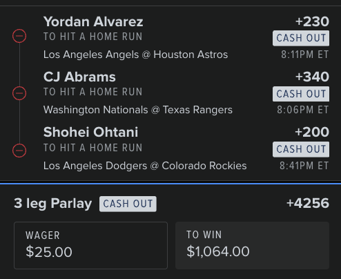 TheHome_RunKing's tweet photo. 🚨 3 Leg HR Parlay 🚨

Alvarez +230
Abrams +340
Ohtani +200
+4256.  ⚾️🔥 https://t.co/o18pVNt9TY