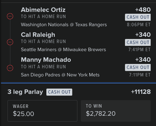 TheHome_RunKing's tweet photo. 🚨 3 Leg HR Parlay 🚨

Ortiz +480
Raleigh +340
Machado +340
+11128. Big Slumper going deep pays the bills. ⚾️🔥 https://t.co/qWi8Eq5Gcg