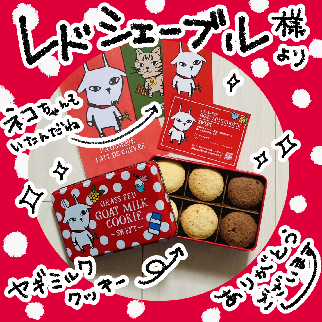 neroneroli24p's tweet photo. レドシェーブル様（＠lait_de_chevre)より
ヤギミルクのクッキー缶を頂きました✨✨✨

ありがとうイボンヌ🐐きっと ＃ヤギ占い で2位だったから当たったんだね♑

おいしくいただきます！そして缶を飾ります❤ https://t.co/BasUEhekB7