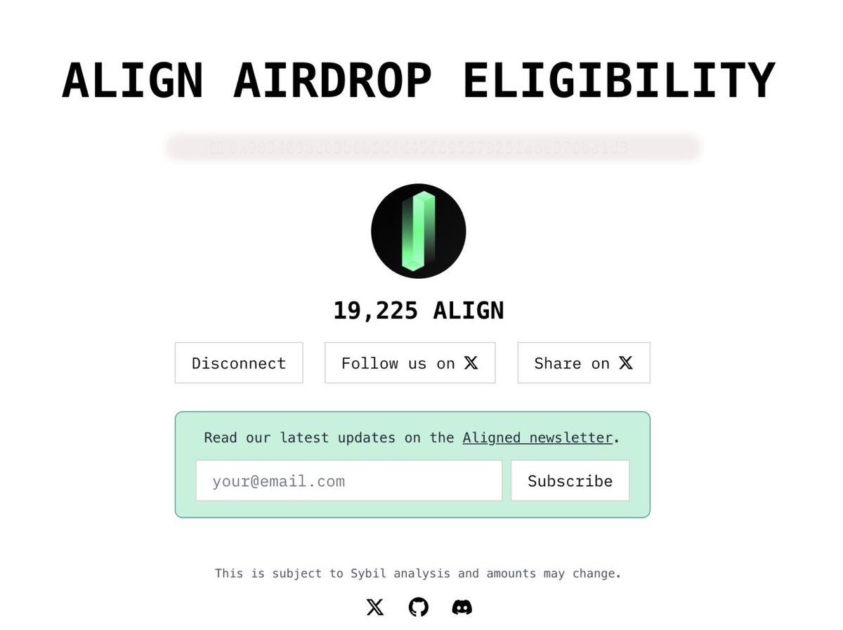 asedd72's tweet photo. Align Airdrop 🪂

The $ALIGN token is coming and 8.74% of the total supply is allocated for the airdrop 

🔗 Check your allocation:  https://t.co/Svy73nimdy

Based on presale valuation and some speculations, we can estimate $0.1 per token. (mine worth $1,900)

8.74% of the total supply is allocated for the airdrop. No ETA for the TGE yet.