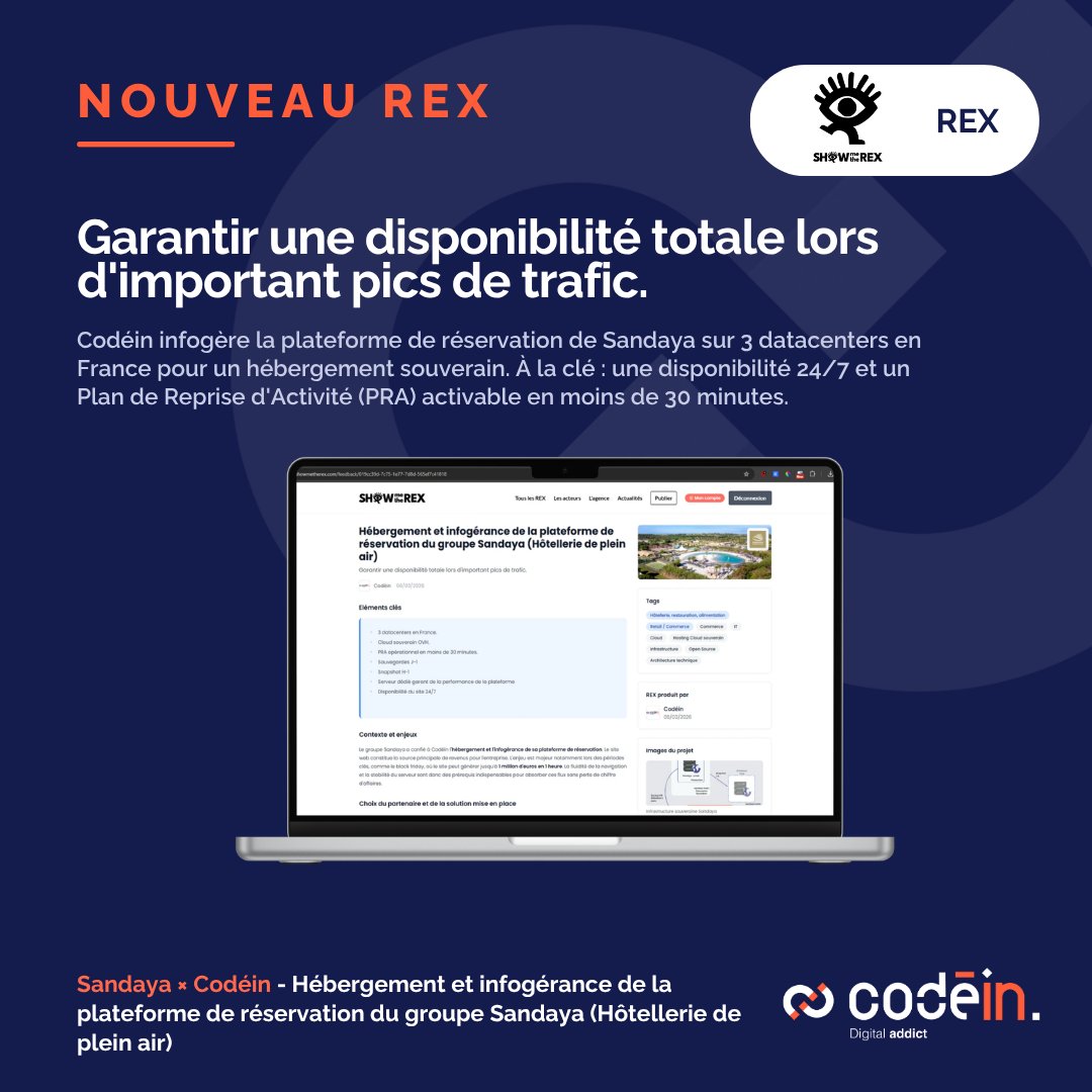 wearecodein's tweet photo. 🔍 Codéin infogère la plateforme de réservation de Sandaya : 3 datacenters en France, PRA < 30 min, disponibilité 24/7, même à 1M€ de CA en 1h de Black Friday.

Notre REX complet 👉 lien en commentaire.

#Hosting #CloudSouverain #Codéin #REX https://t.co/bDZ1C6XVAz