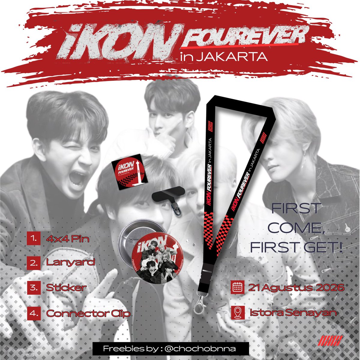 chochobnna's tweet photo. ʚ♡ɞFREEBIES iKON FOUREVER TOUR in Jakarta ʚ♡ɞ

📍 Istora Senayan
🗓️ 21 August 2026
⏰ TBA

👋 Say Hi + ask nicely
⚠️ Please don’t sell or throw them away

Super duper limited qty!!

Can’t wait to see you, iKONIC! 🩷

#iKON_FOUREVER_JAKARTA https://t.co/kHdmV1UBDQ
