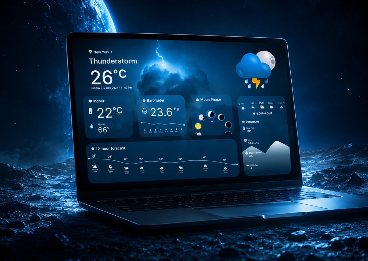 danii_sultan's tweet photo. Weather dashboard UI — dark glassmorphism concept ☁️⚡
Real-time conditions, 12-hr forecast, moon phase & air quality in one clean glass-panel layout — dense data, minimal clutter.
#UIUXDesign #ProductDesign #DashboardUI #GlassmorphismUI https://t.co/ckS6EyD4KN