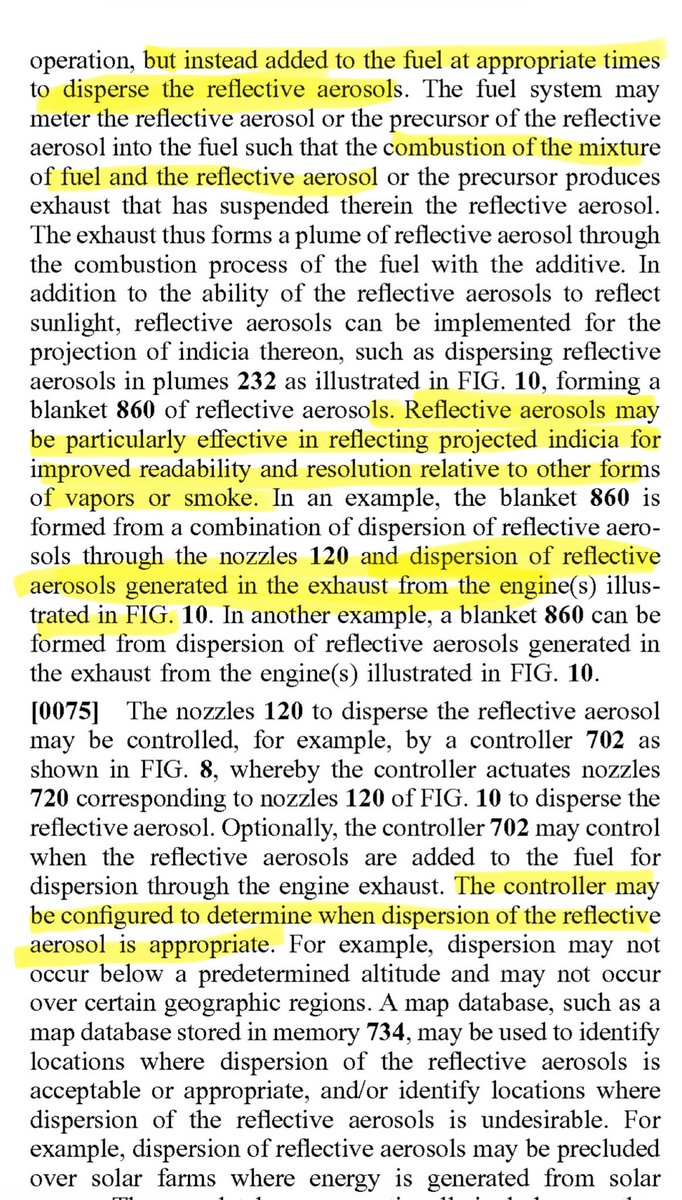 ReclaimOurSkies's tweet photo. Did you know there is a BOEING PATENT approved in 2021 that disperses aerosol plumes to reflect Sunlight, mixed with the combustion of jet fuel?

Aircraft Aerosol Dispensing Method, Apparatus, and System. US 2021/0221509  Inventor: Nathan D. Hiller 

Objective: Multiple nozzles are mounted along the wings are connected to tanks and controlled by valves. The system releases material that forms plumes of sunlight-reflecting particles.

Aerosols are mixed with aircraft fuel and combustion exhaust gases as they exit the nozzles. This mixing process generates or enhances the reflective particles. A controller manages the valves to produce controlled trails or bursts of the reflective aerosol from the aircraft in flight.