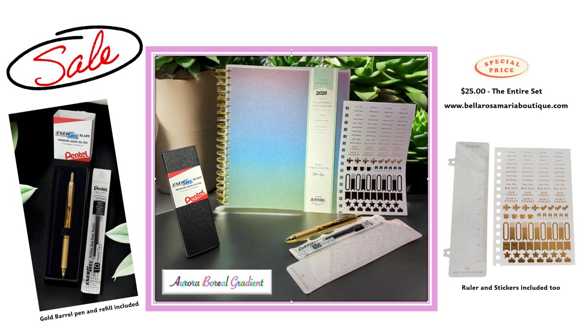 ModishStyleChic's tweet photo. Entire Set is for Sale for $25.00 - Free Shipping!

Shop at: https://t.co/wLajKhwQZL

Professionally wrapped and securely packed in a 12x10x3 box, and ships with tracking and insurance.

2026 Day Designer® by Blue Sky - Daily/Monthly Planner – BellaRosaMariaBoutique Exclusive Set – Aurora Boreal Gradient (Plum/Berry Violet, deep Indigo/Midnight Blue, Teal-Aqua, and soft Moss Green Shimmer)

The 2026 Monthly Planner Set is accompanied by the matching Pentel EnerGel Gold Alloy Retractable Pen that brings a touch of sophistication to your workspace. The front and back cover is an Aurora Boreal Gradient smooth glitter cardstock with shimmering colors of Plum/Berry Violet, deep Indigo/Midnight Blue, Teal-Aqua, and soft Moss Green finish. This sleek artistic finish transforms the planner into not just a functional tool but also a stylish accessory. A true blend of craftsmanship and creativity.

A perfect planner to keep with you for tracking responsibilities, important dates, contacts, appointments, trips, and events.

This planner includes a six-month bonus calendar from July through December 2025, followed by a full 12-month daily and monthly layout spanning from January 2026 through December 2026.

The metallic gold twin wire spiral binding combines durability with style, while the contemporary white pages with gold accents enhance its overall elegant appeal.

The Pentel EnerGel Gold Barrel Alloy Retractable Pen is included with a refill, ensuring smooth and precise writing, that enhances your overall deluxe planning experience at home or in your office.

Professionally wrapped and securely packed in a 12x10x3 box, and ships with tracking and insurance.
Specifications:
Day Designer 2026 Planner – Aurora Boreal 
Condition: Brand New | Brand: Day Designer® by Blue Sky
Calendar Year: 2026 | Calendar Term: Jan 2026 thru Dec 2026 
Page Size: 8 x 10  | Price Bundle Value: $69.99 
Dated Format: Daily, Monthly 
Spiral/Binding Type: Durable Metallic Gold Wire 
Front/Rear Cover: Clear Durable Vinyl  
Design Cover: Aurora Gradient Cardstock 
Back Cover: Aurora Cardstock  
Features: Storage Pocket, Stickers, Ruler
Dimensions: Length-10 x Width-8 x Edge-1 
Weight:  2.13 pounds | Model: 142098-26 | SKU: BRMB-2026-ABG

Pentel EnerGel Gold Barrel Alloy Pen Set  
Condition: Brand New | Series: EnerGel Pentel
Material: Aluminum alloy | Model#BL407XABXA
Ink Color: Black | Point Size: 0.7mm 
Type: Gel | Permanent Ink Gel Ink | Refillable: Yes    
Refill included: Yes | Point Size: 1.0 Black
Point Type: Fine/Medium | Barrel Color: Gold
Erasable: No | Retractable: Yes